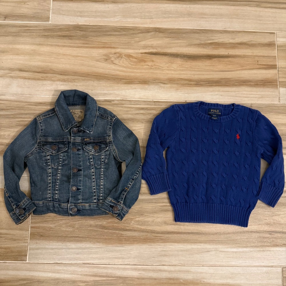 Polo Ralph Lauren Toddler Boys Denim Jacket and Blue Cable Knit Sweater Set 2T